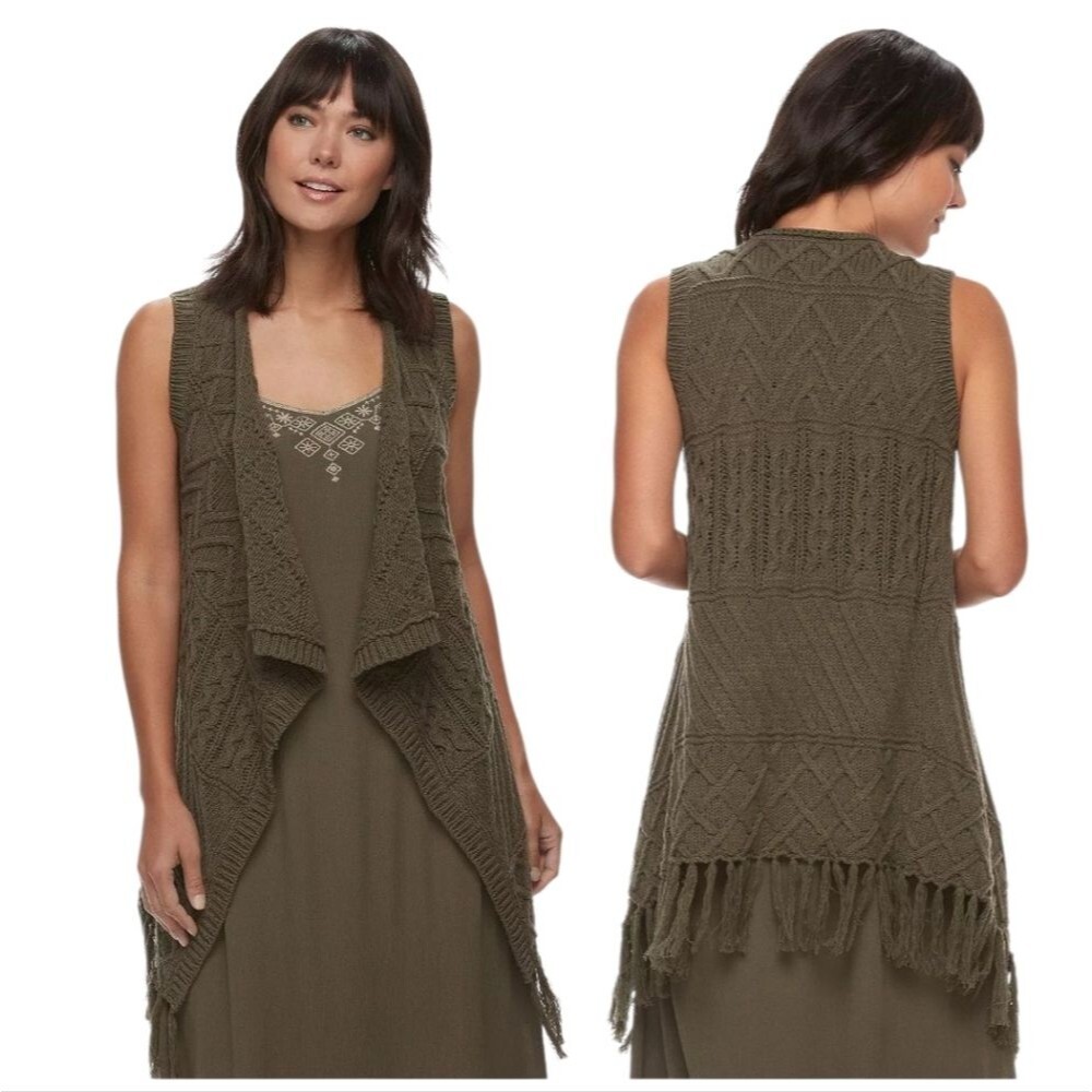 Sonoma Knit Sleeveless Cardigan Dark Green Fringe Size Small